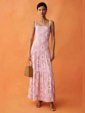 Anaya Pastel Pink Floral Square-Neck Tiered Maxi Dress